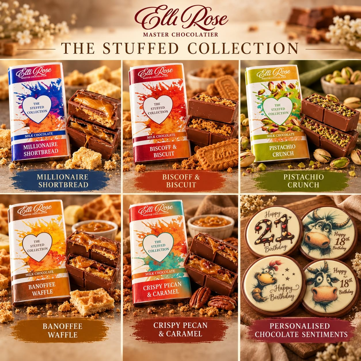 Elli Rose Stuffed Collection artwork showing Millionaire Shortbread, Biscoff and Biscuit, Pistachio Crunch, Banoffee Waffle, Crispy Pecan and Caramel, and personalised chocolate sentiments